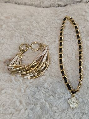 Gold and Black Floral Pendant Necklace with Gold Multi-Row Leather Bracelet